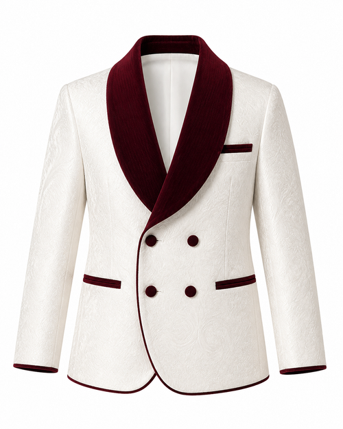 Boy's Ivory & Burgundy Jacquard Three-Piece Tuxedo