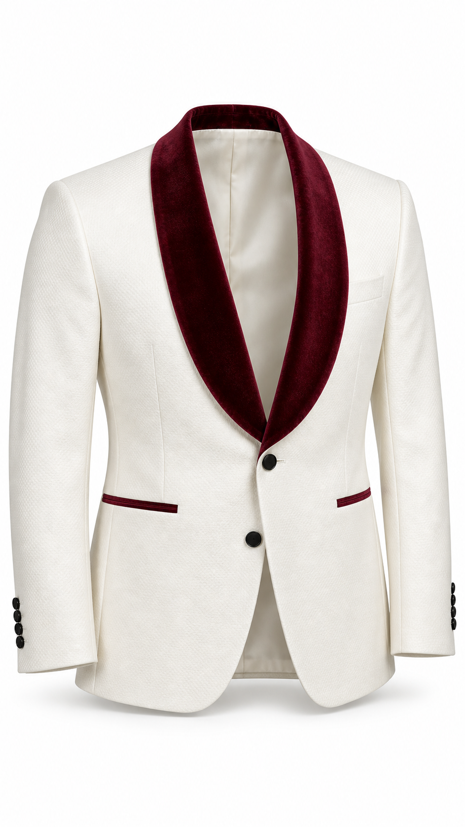 Ivory & Burgundy Velvet Three-Piece Tuxedo