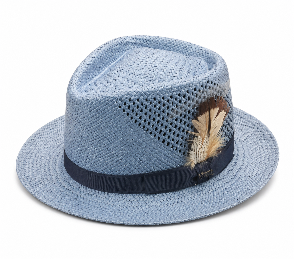 Sky Blue Feather Straw Fedora Hat