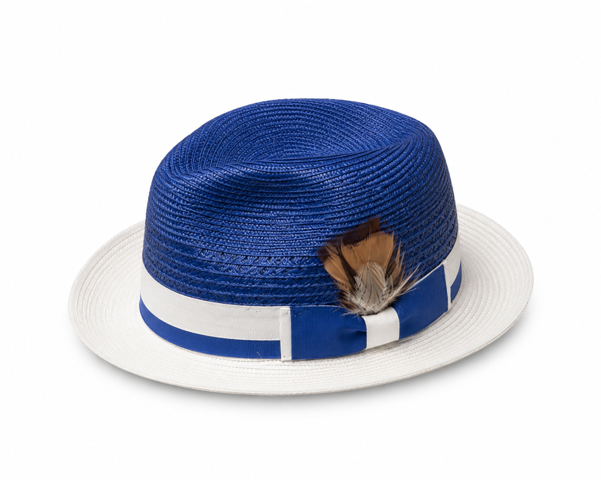Royal Blue and White Straw Fedora Hat