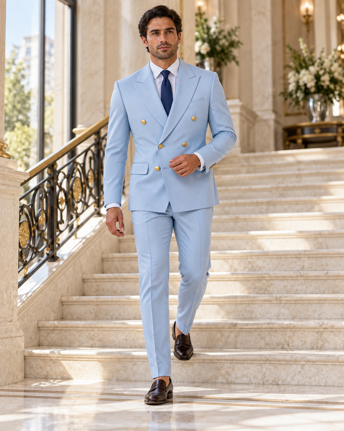 Sky Blue Gold-Button Double-Breasted Two-Piece Suit