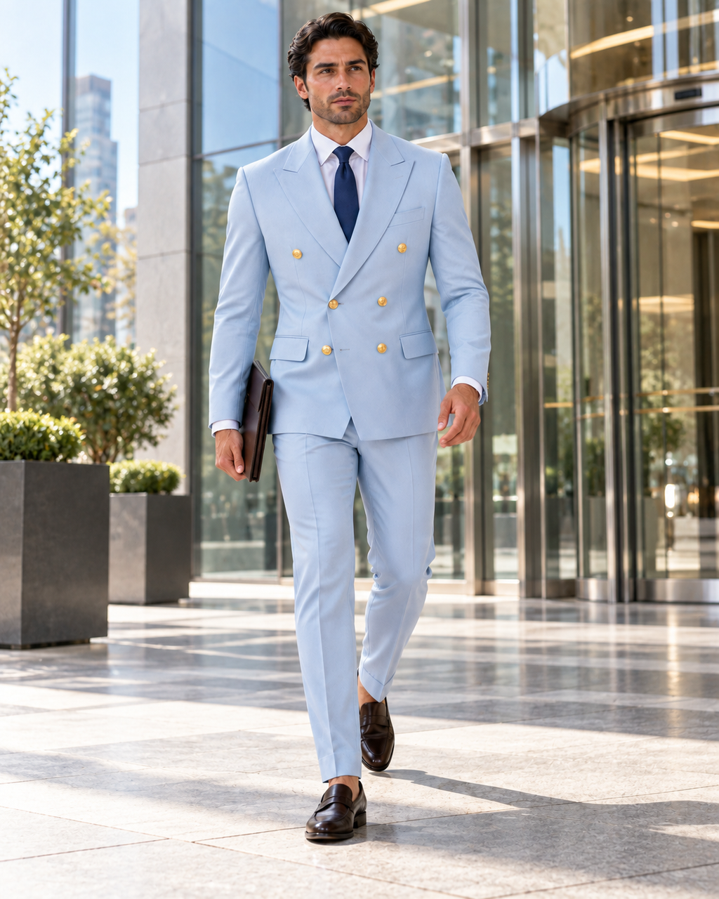 Sky Blue Gold-Button Double-Breasted Two-Piece Suit
