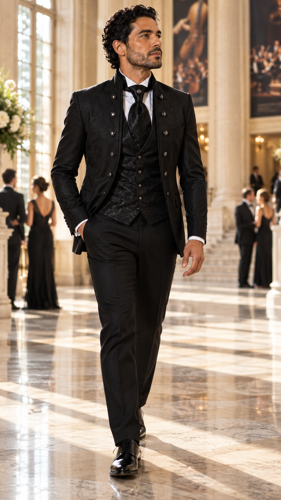 Midnight Orchestra Black Jacquard Three-Piece Tuxedo
