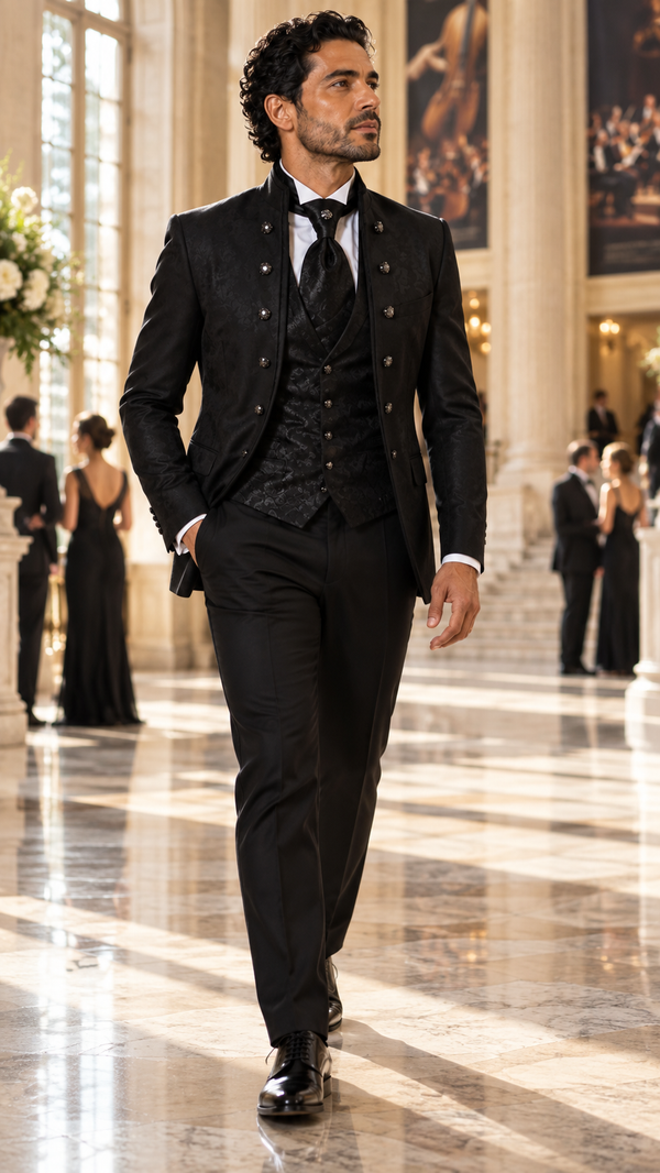 Midnight Orchestra Black Jacquard Three-Piece Tuxedo