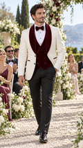 Ivory & Burgundy Velvet Three-Piece Tuxedo