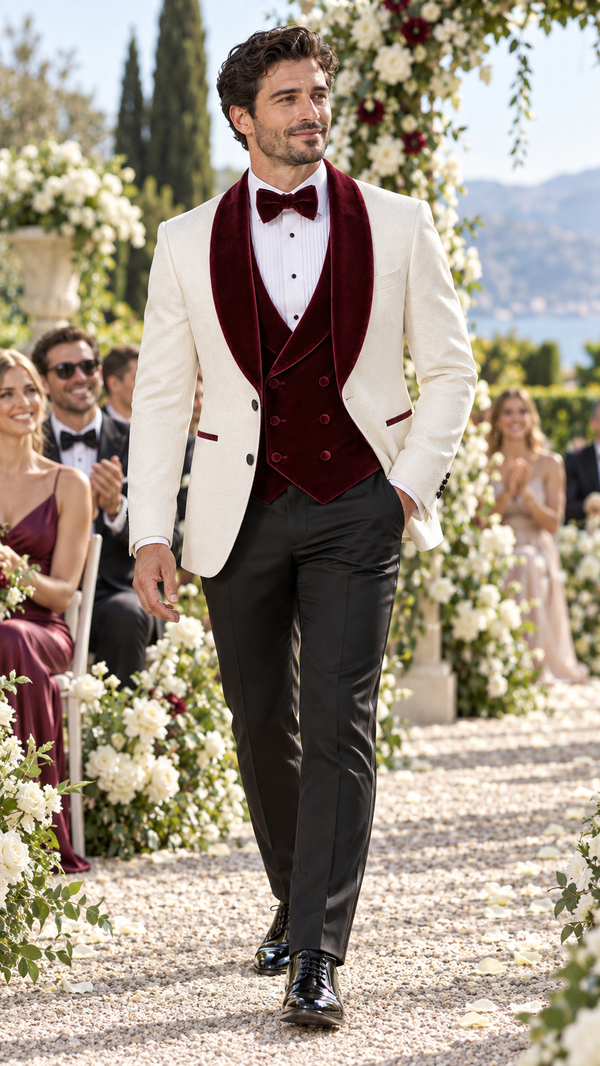 Ivory & Burgundy Velvet Three-Piece Tuxedo