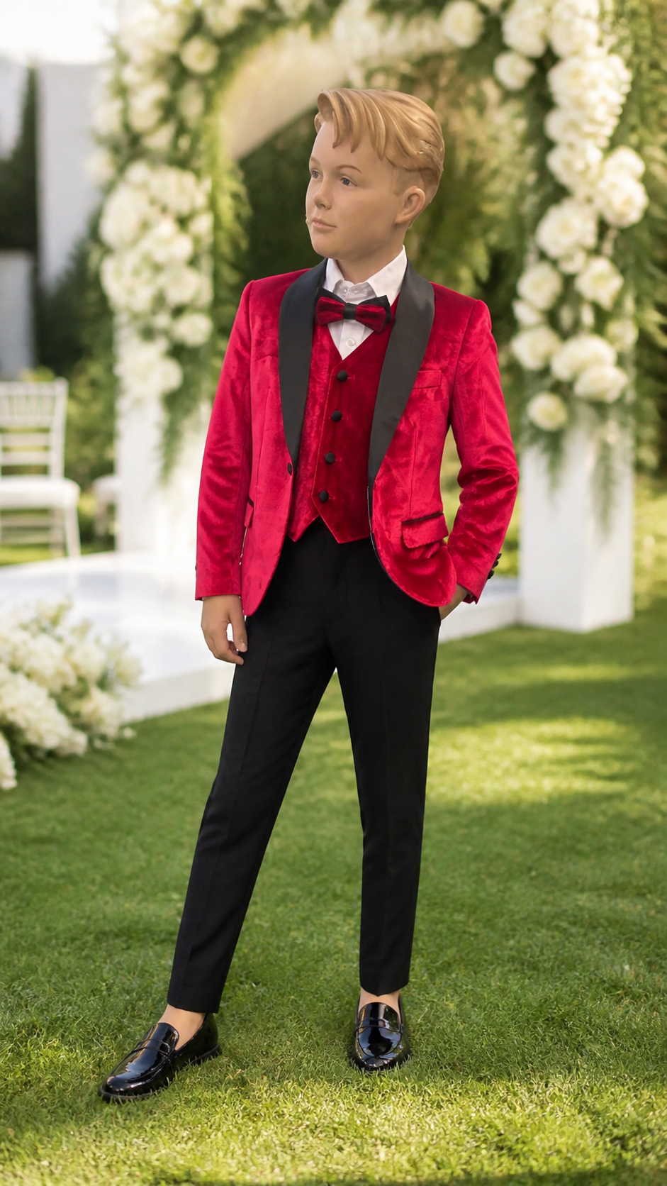 Boy's Red Velvet & Black Three-Piece Tuxedo