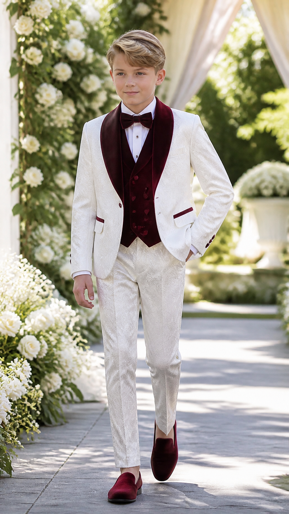 Boy's Ivory & Burgundy Jacquard Three-Piece Tuxedo