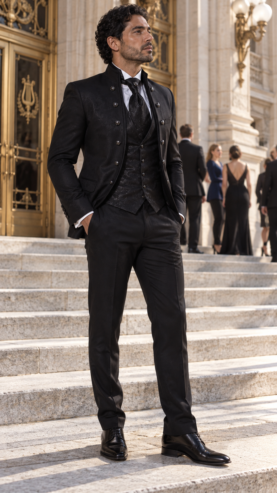 Midnight Orchestra Black Jacquard Three-Piece Tuxedo