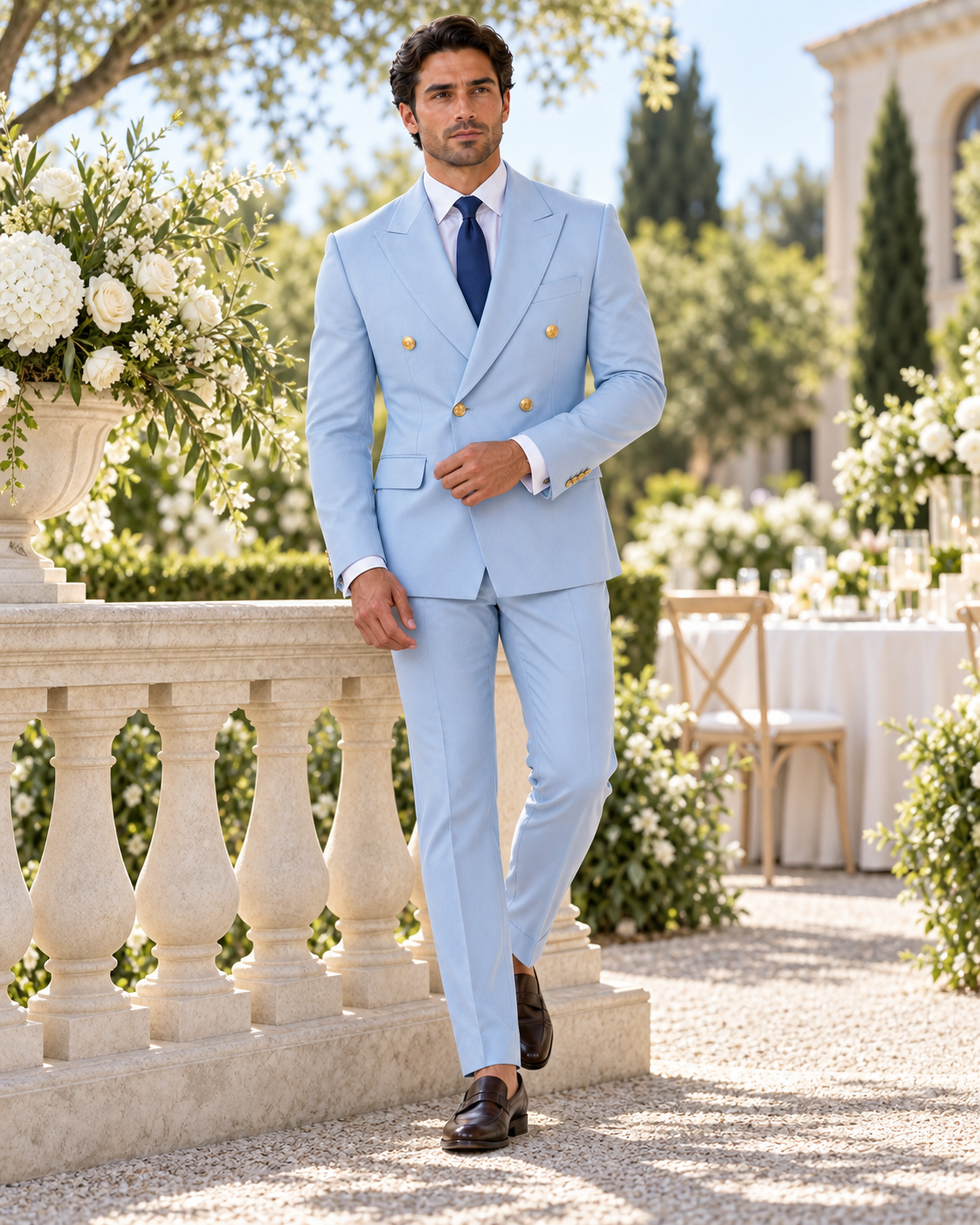 Sky Blue Gold-Button Double-Breasted Two-Piece Suit