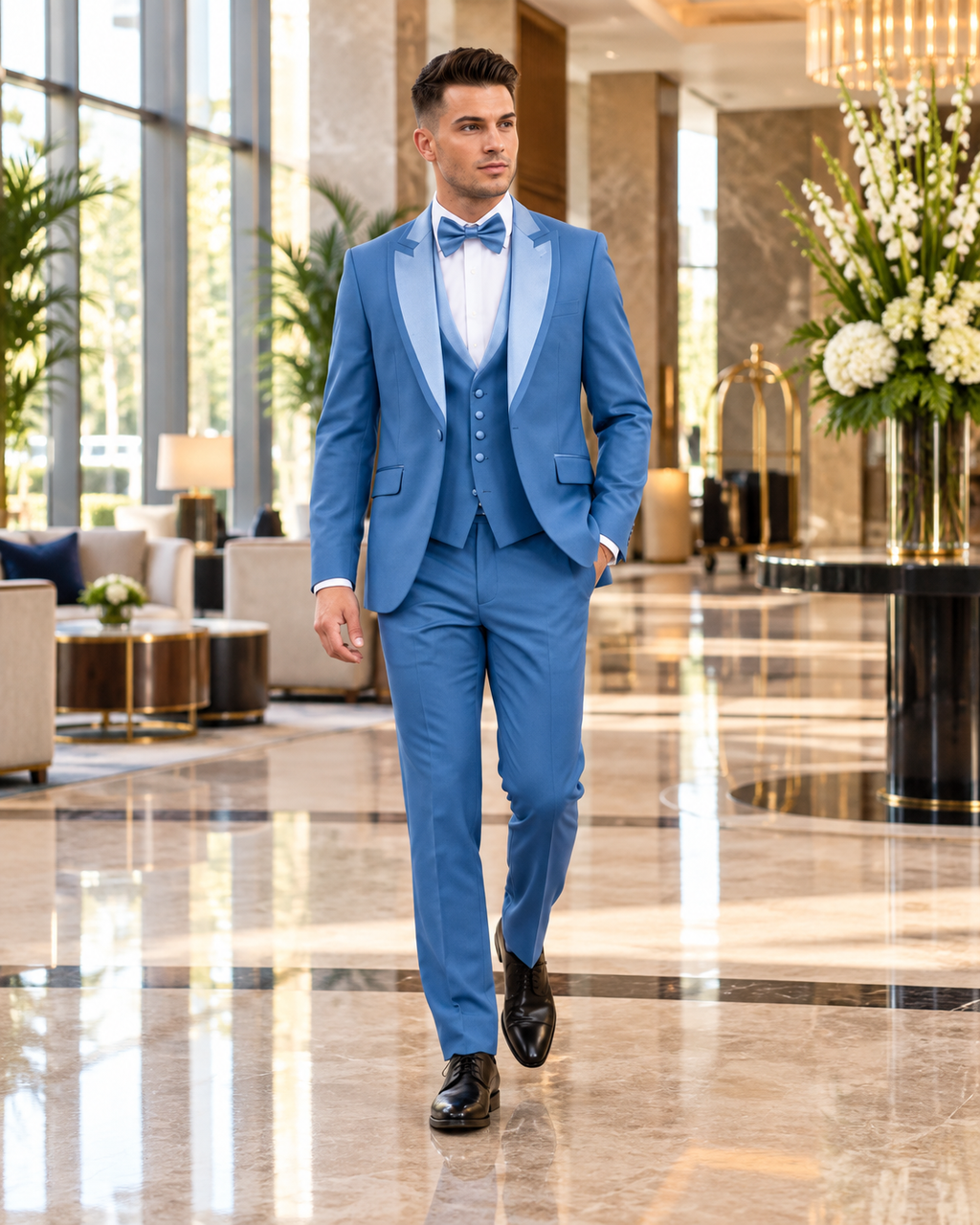 Royal Blue Satin-Lapel Three-Piece Suit