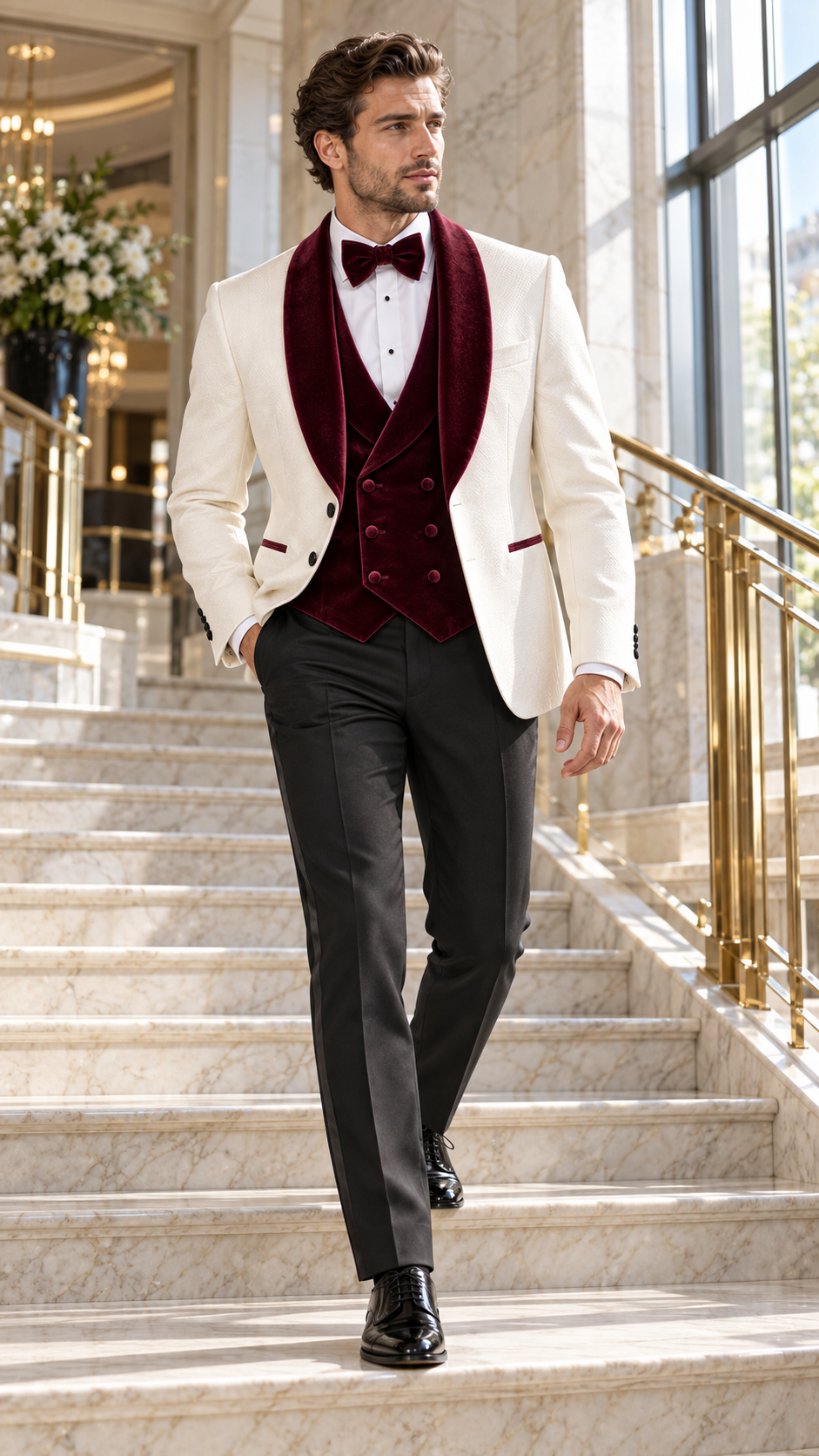 Ivory & Burgundy Velvet Three-Piece Tuxedo