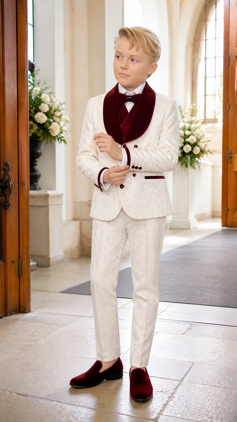 Boy's Ivory & Burgundy Jacquard Three-Piece Tuxedo