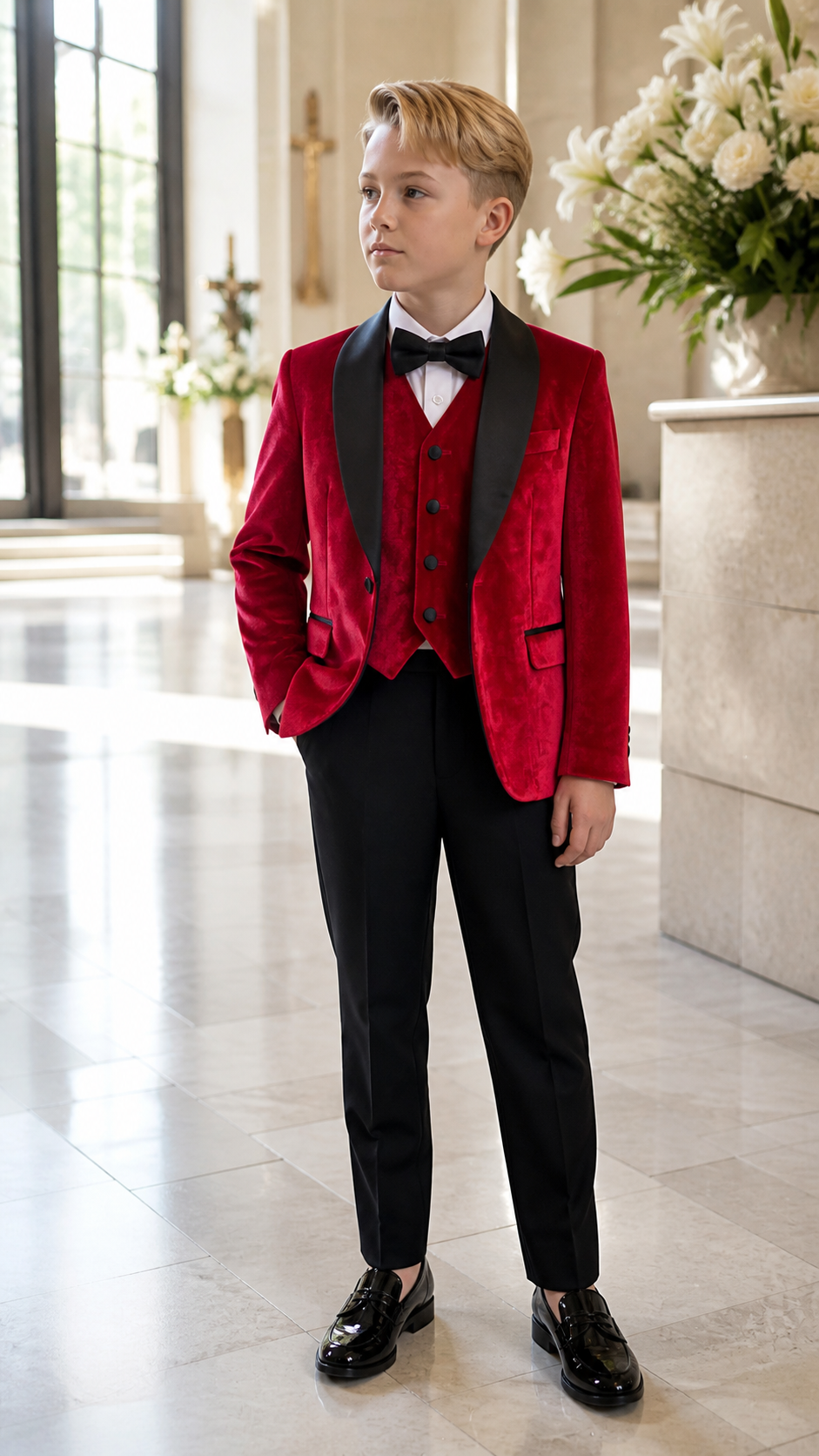 Boy's Red Velvet & Black Three-Piece Tuxedo