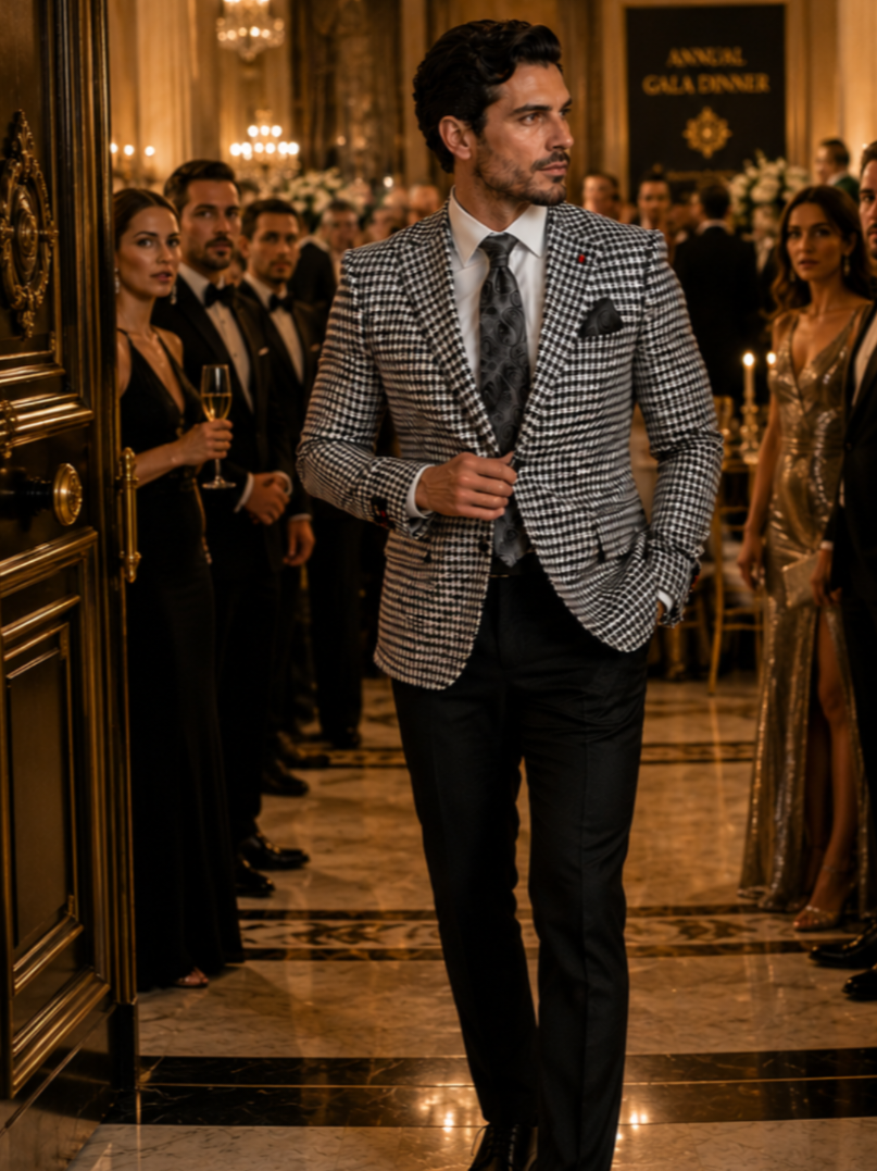 Red two-piece suit with matching trousers
