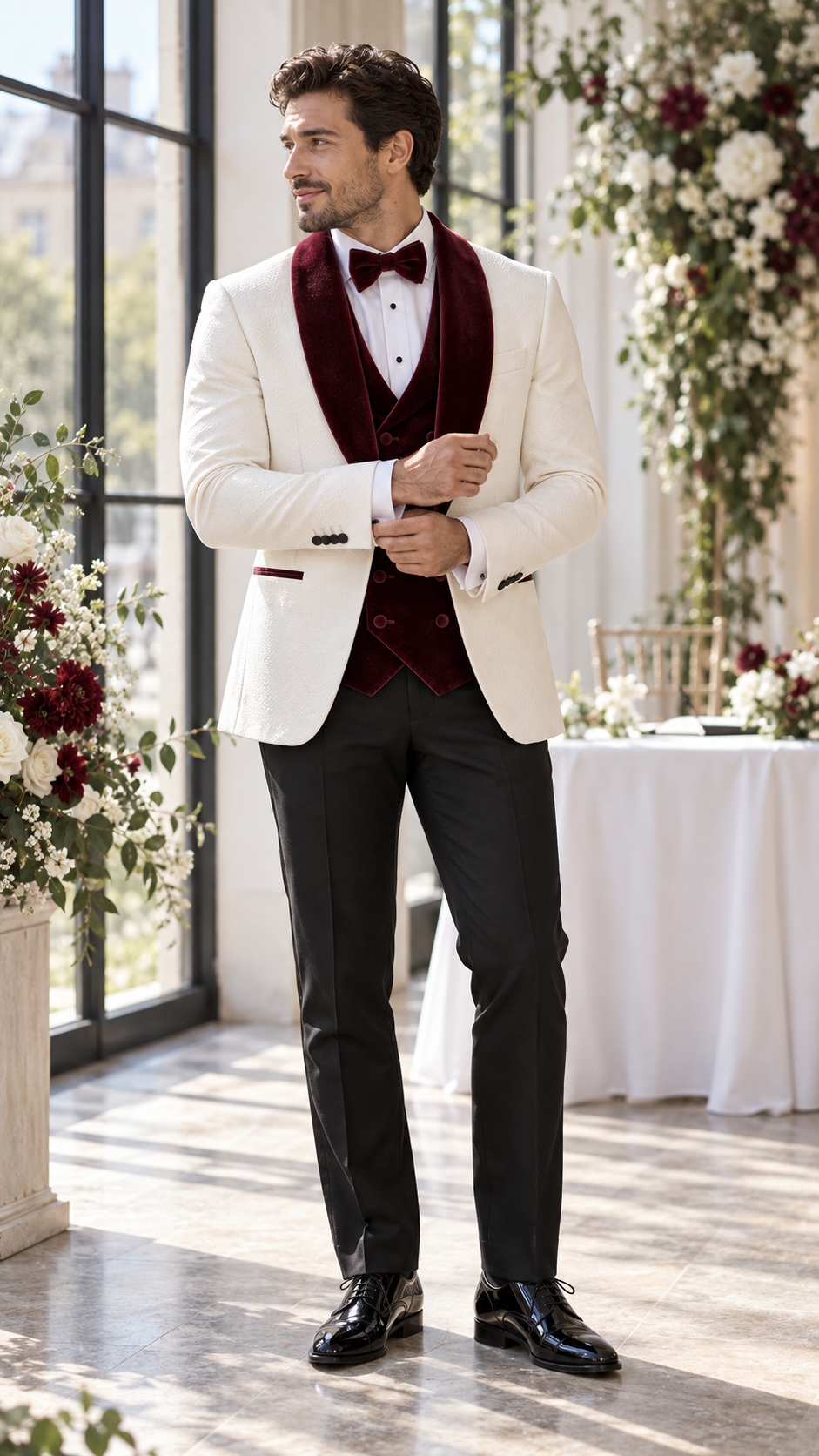 Ivory & Burgundy Velvet Three-Piece Tuxedo