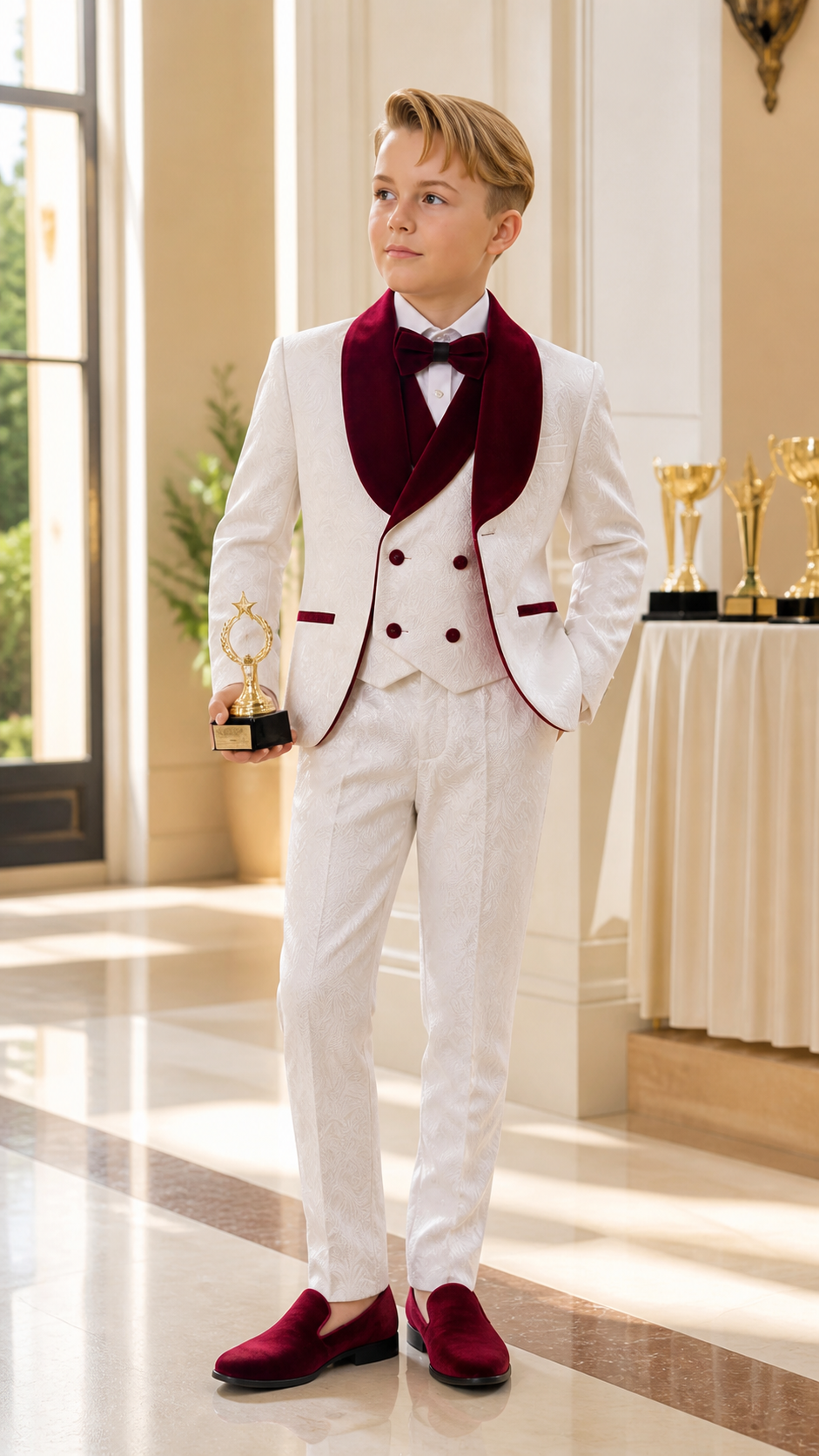 Boy's Ivory & Burgundy Jacquard Three-Piece Tuxedo
