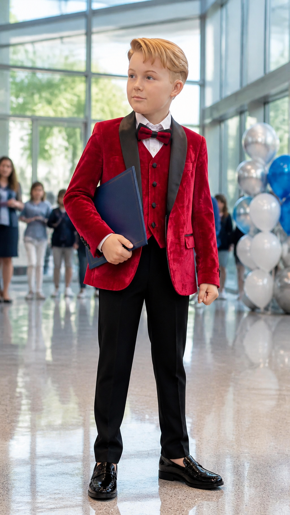 Boy's Red Velvet & Black Three-Piece Tuxedo