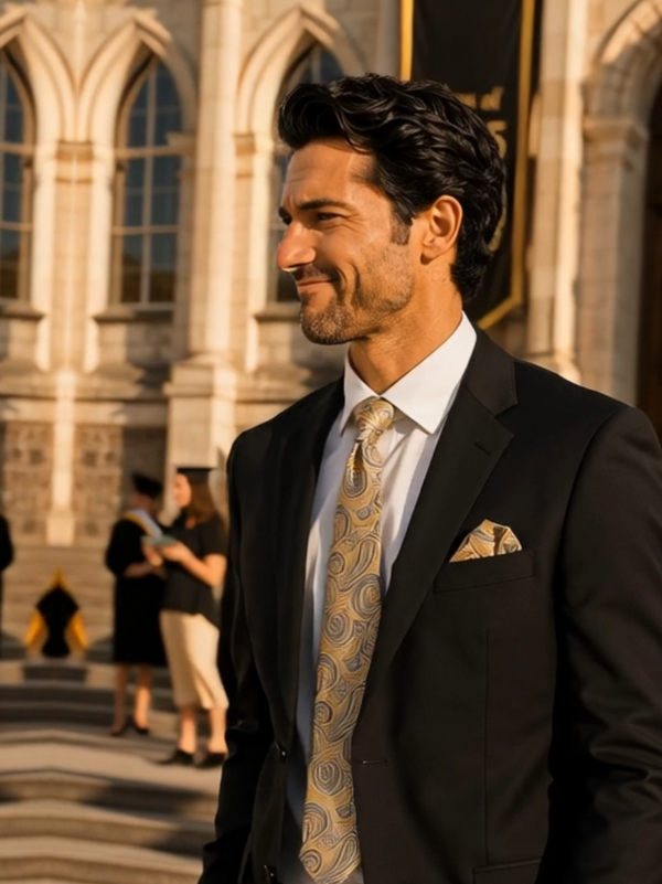 Black formal two-piece suit with gold paisley tie and pocket square