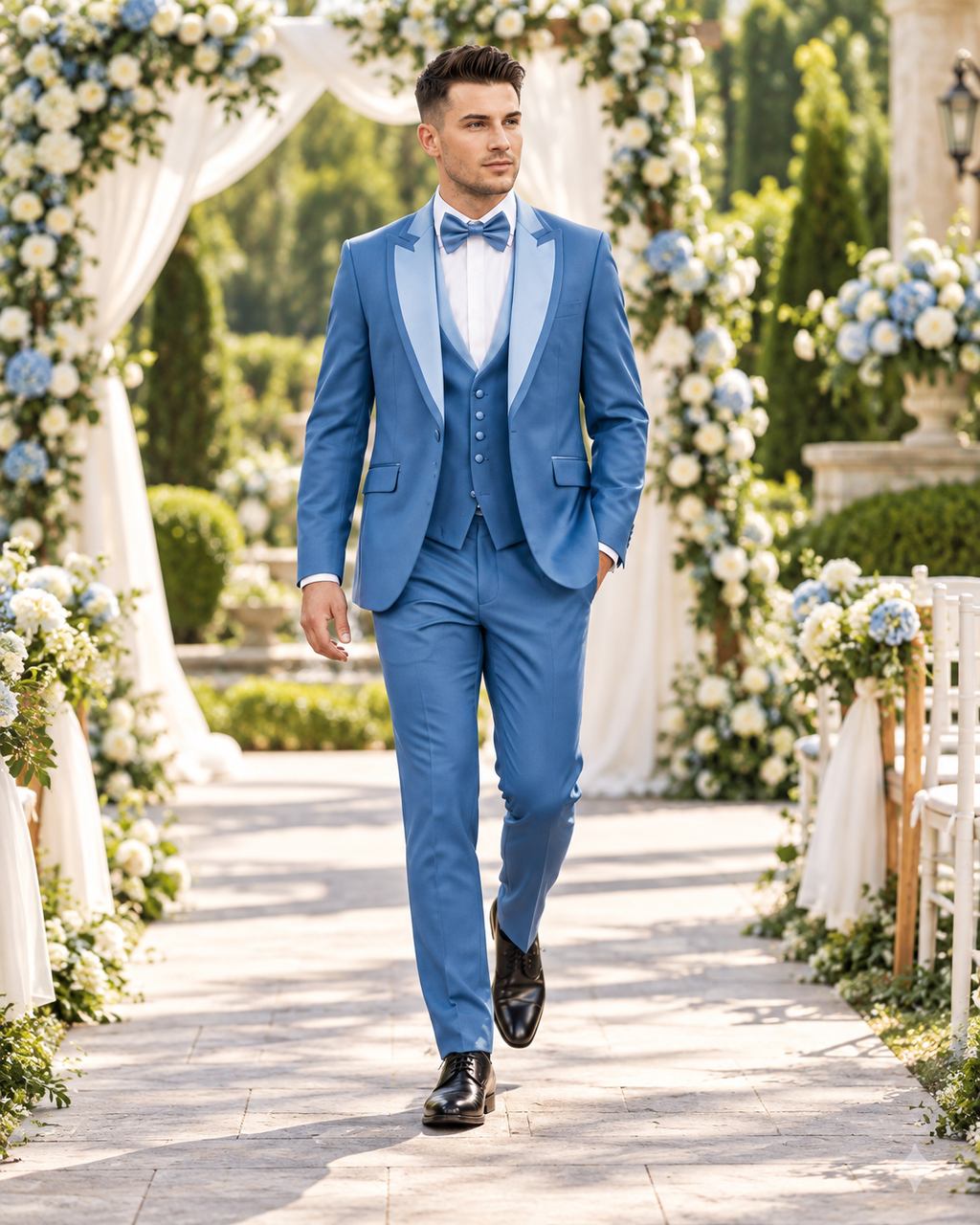 Royal Blue Satin-Lapel Three-Piece Suit