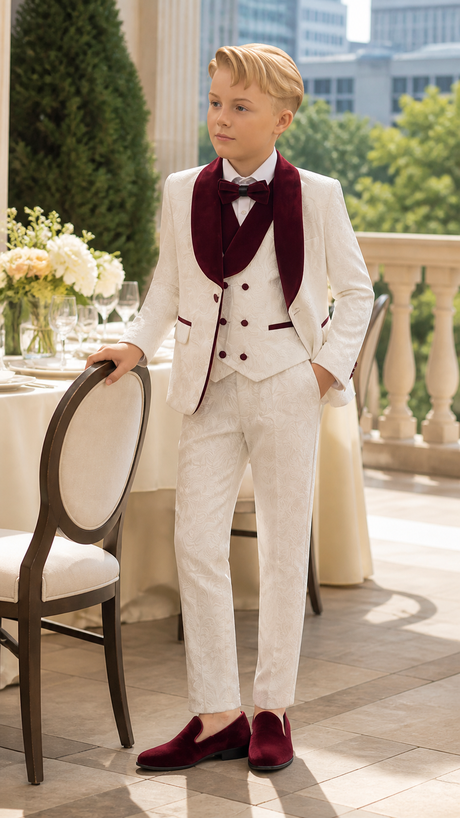 Boy's Ivory & Burgundy Jacquard Three-Piece Tuxedo