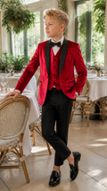 Boy's Red Velvet & Black Three-Piece Tuxedo