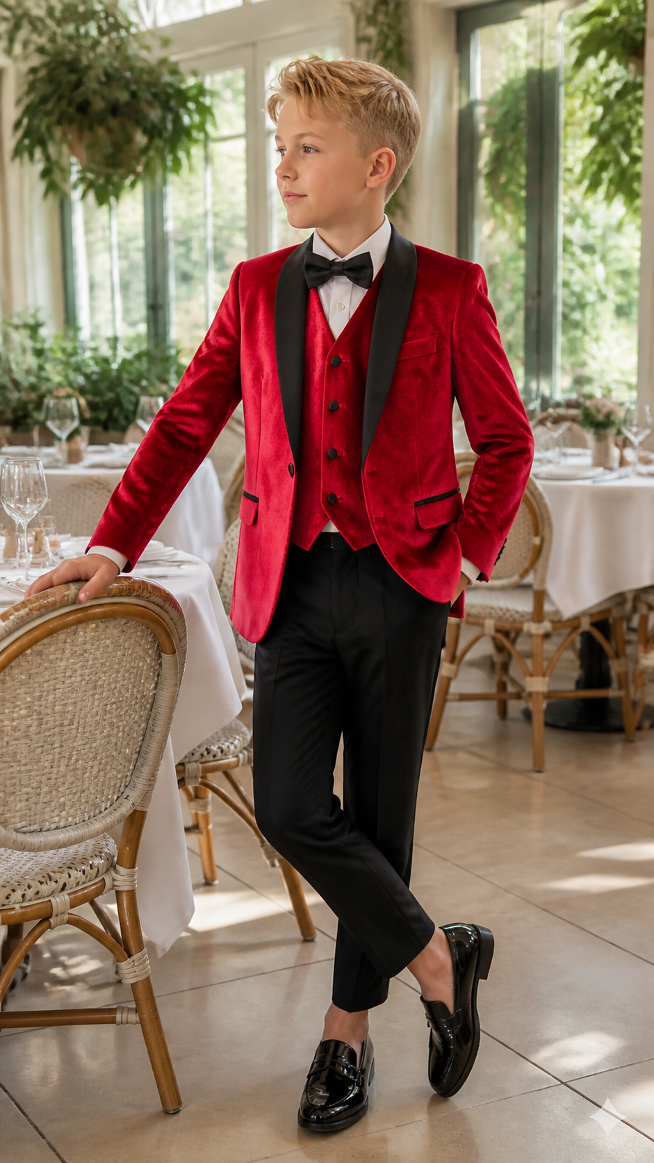 Boy's Red Velvet & Black Three-Piece Tuxedo