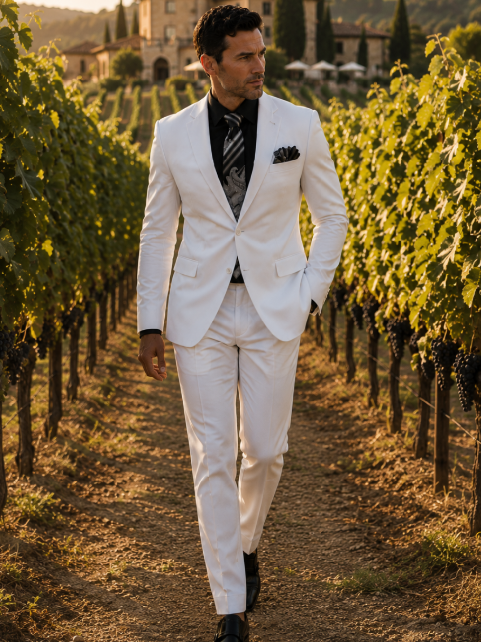 Original white two-piece suit with black shirt and matching trousers