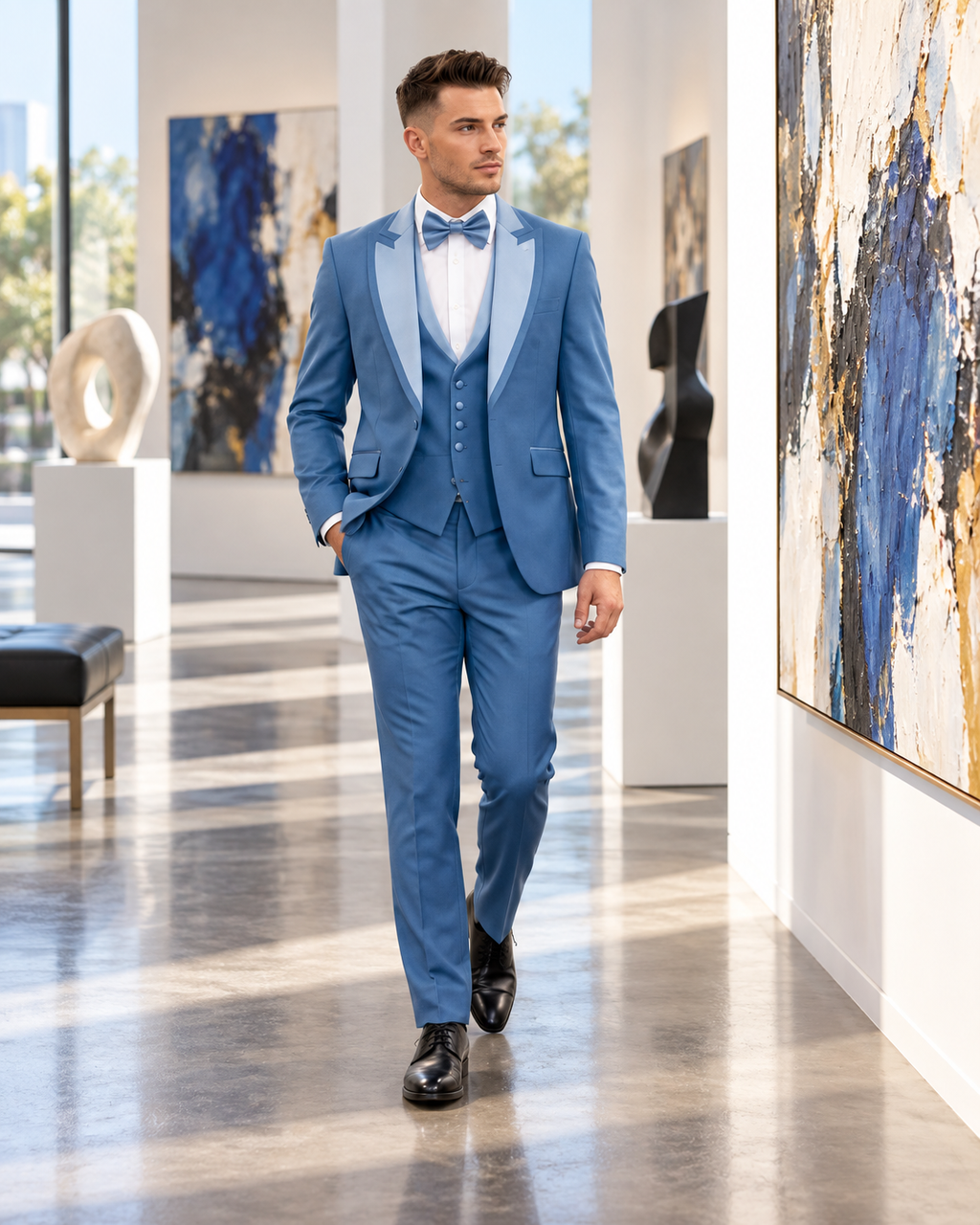 Royal Blue Satin-Lapel Three-Piece Suit