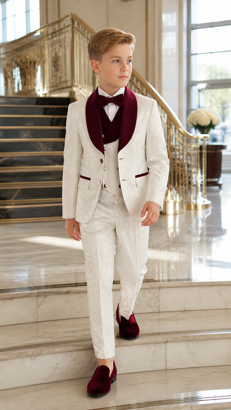 Boy's Ivory & Burgundy Jacquard Three-Piece Tuxedo