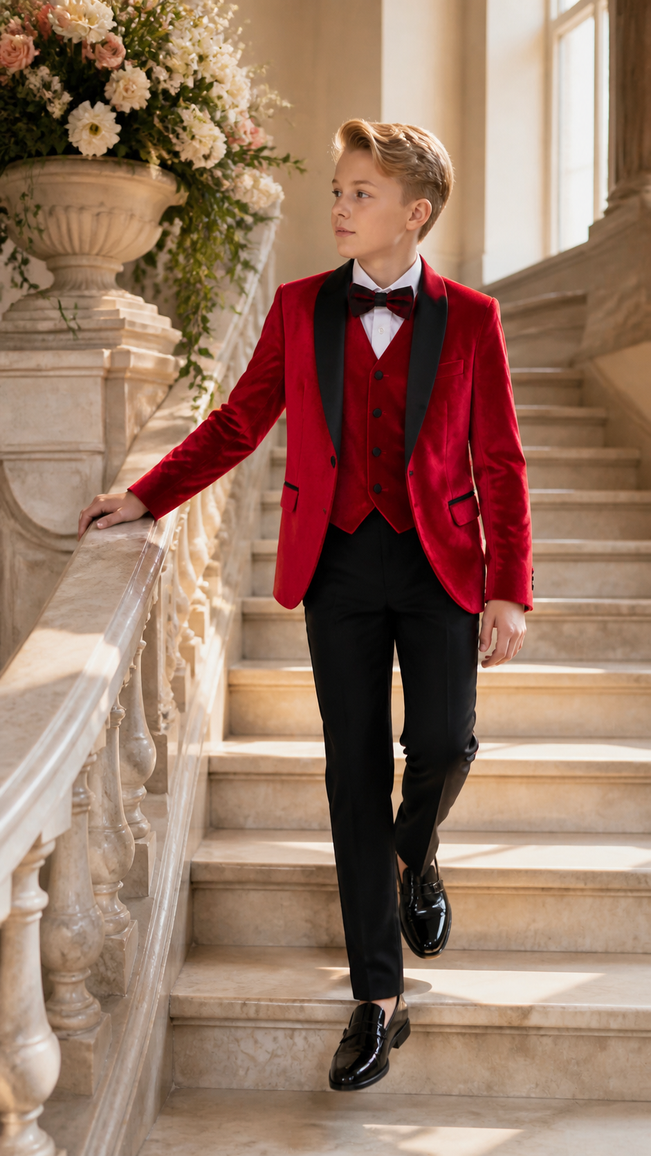 Boy's Red Velvet & Black Three-Piece Tuxedo