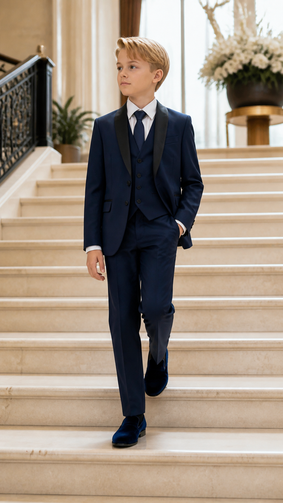 Boy's Navy & Black Three-Piece Tuxedo