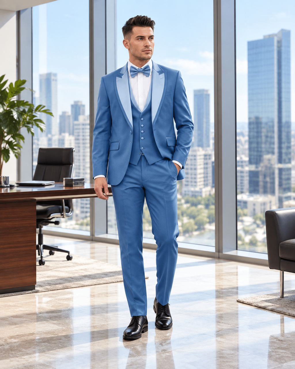 Royal Blue Satin-Lapel Three-Piece Suit