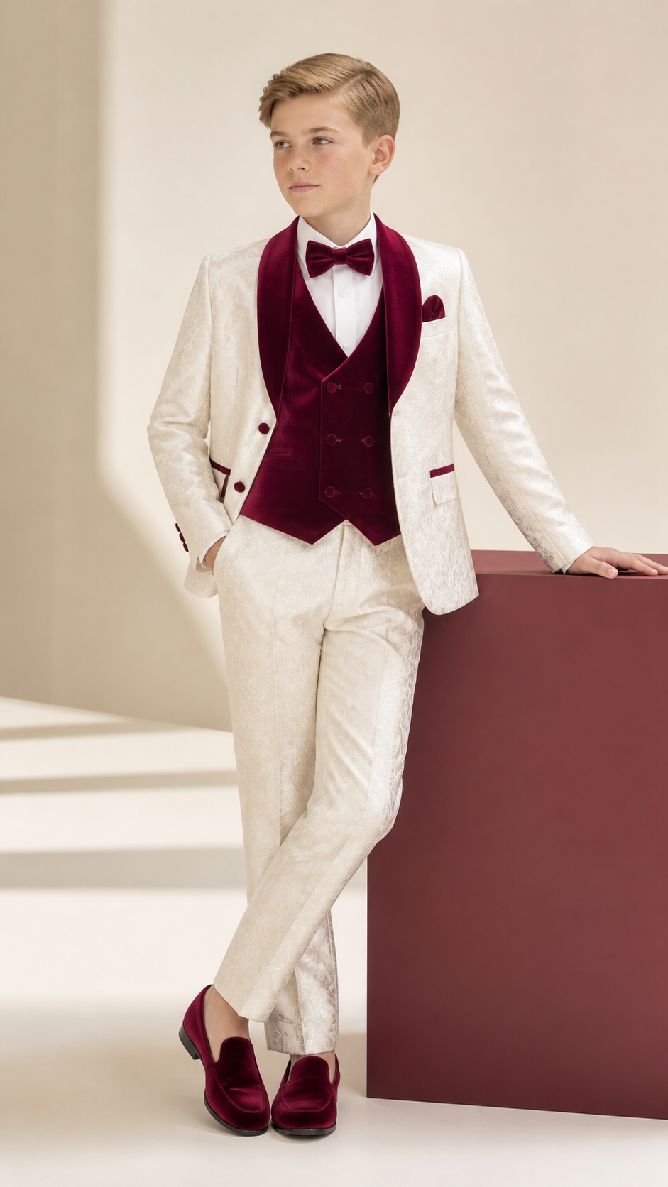 Boy's Ivory & Burgundy Jacquard Three-Piece Tuxedo