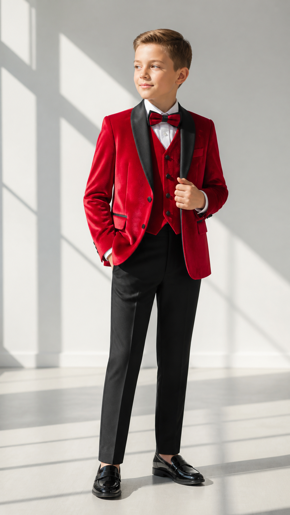 Boy's Red Velvet & Black Three-Piece Tuxedo