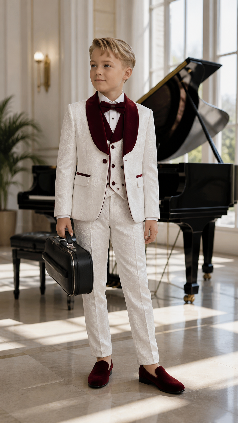 Boy's Ivory & Burgundy Jacquard Three-Piece Tuxedo