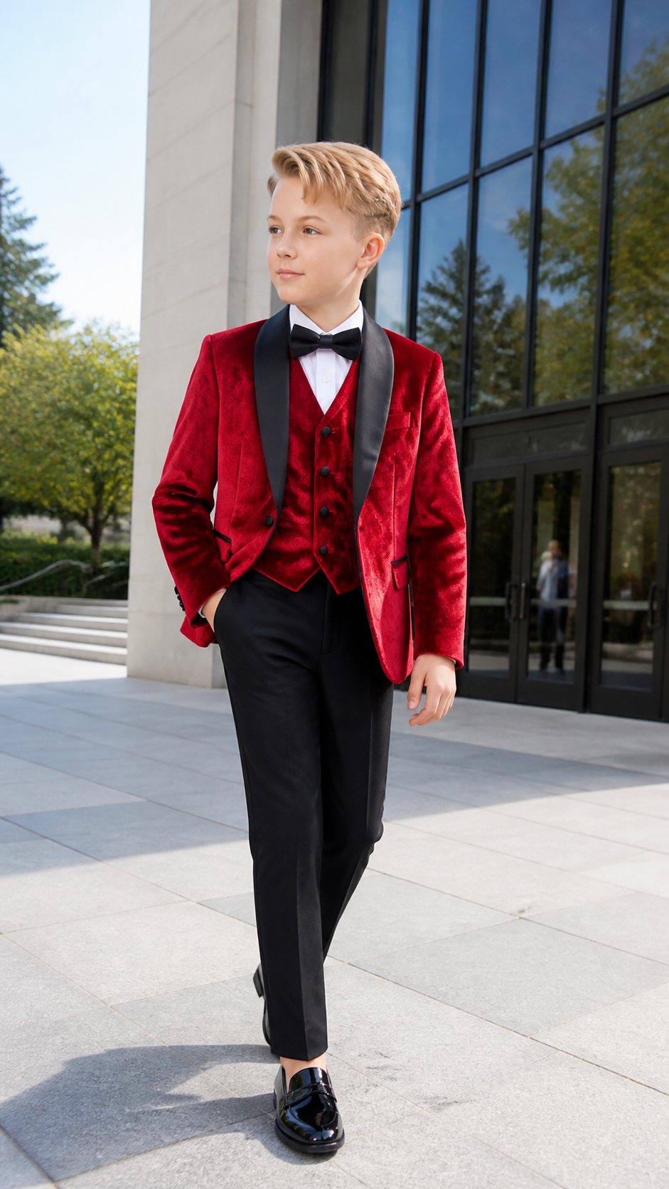 Boy's Red Velvet & Black Three-Piece Tuxedo