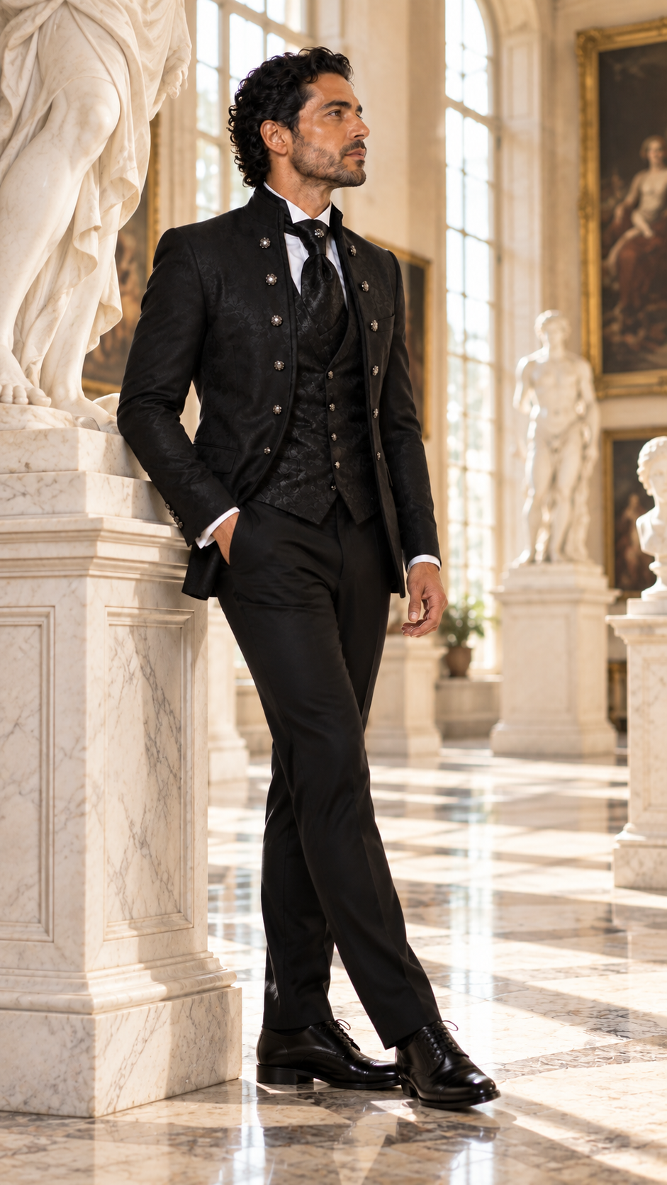 Midnight Orchestra Black Jacquard Three-Piece Tuxedo