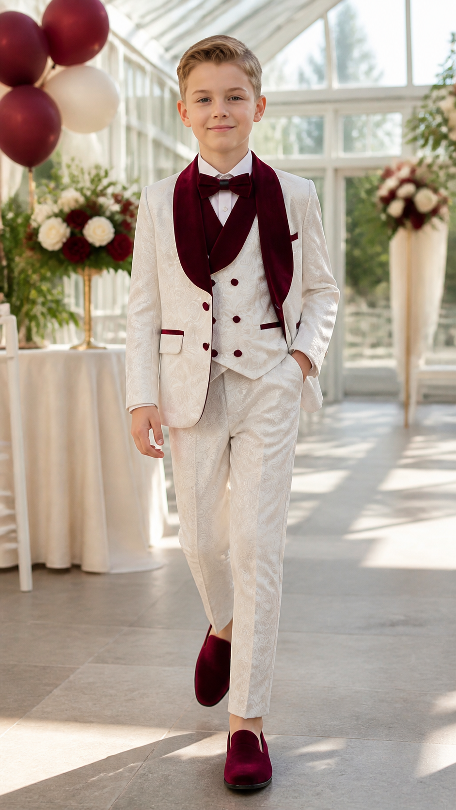 Boy's Ivory & Burgundy Jacquard Three-Piece Tuxedo