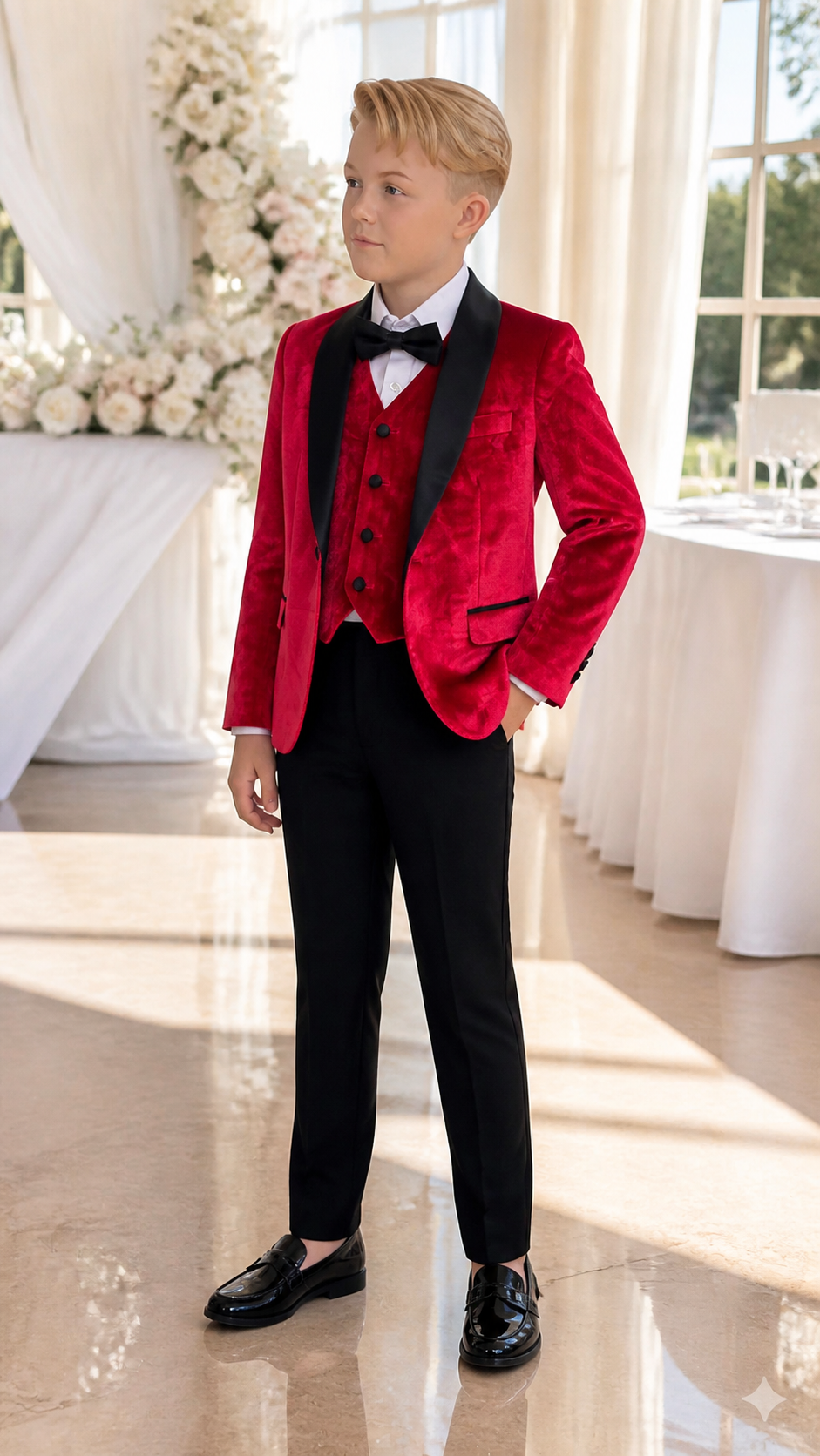 Boy's Red Velvet & Black Three-Piece Tuxedo