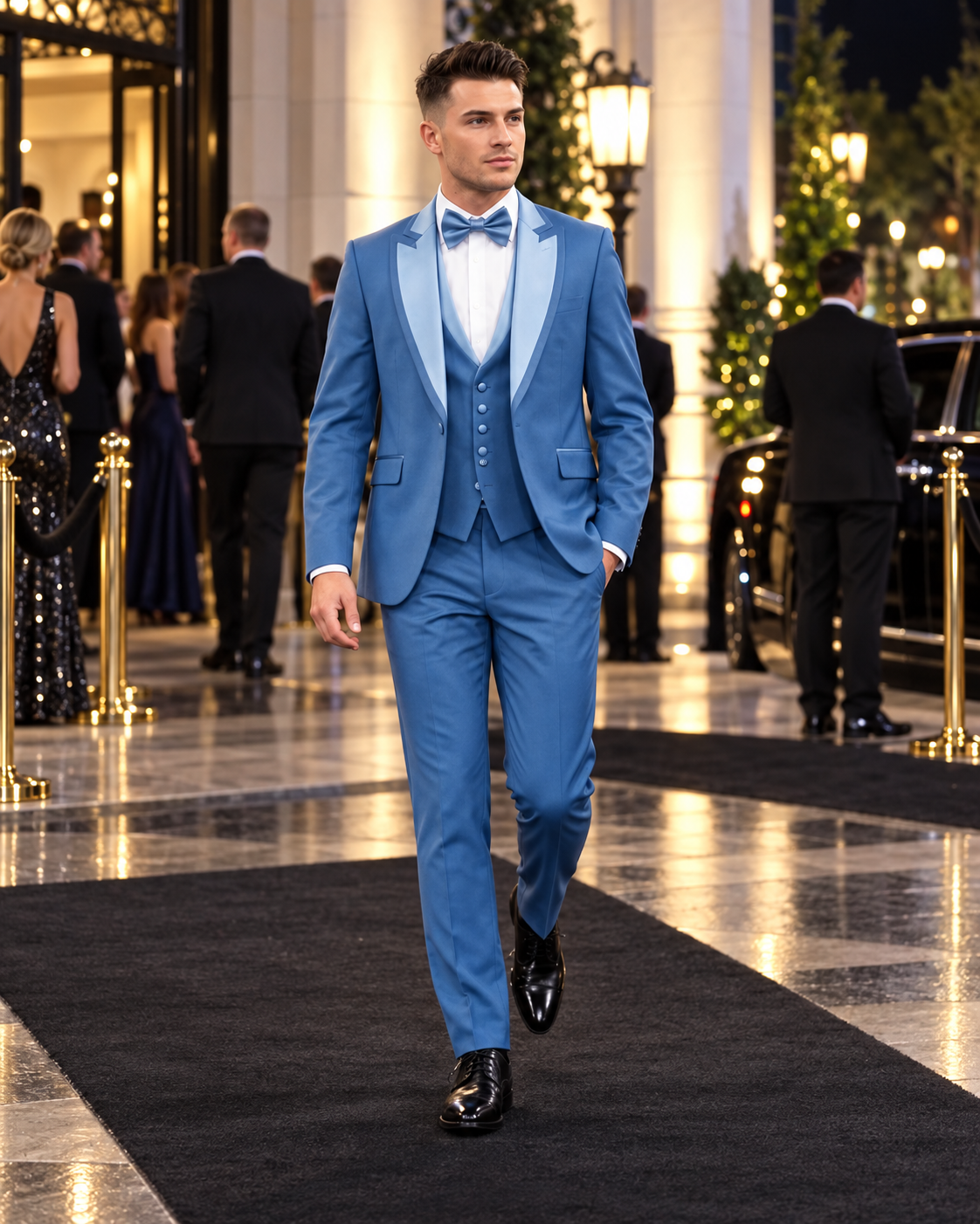 Royal Blue Satin-Lapel Three-Piece Suit