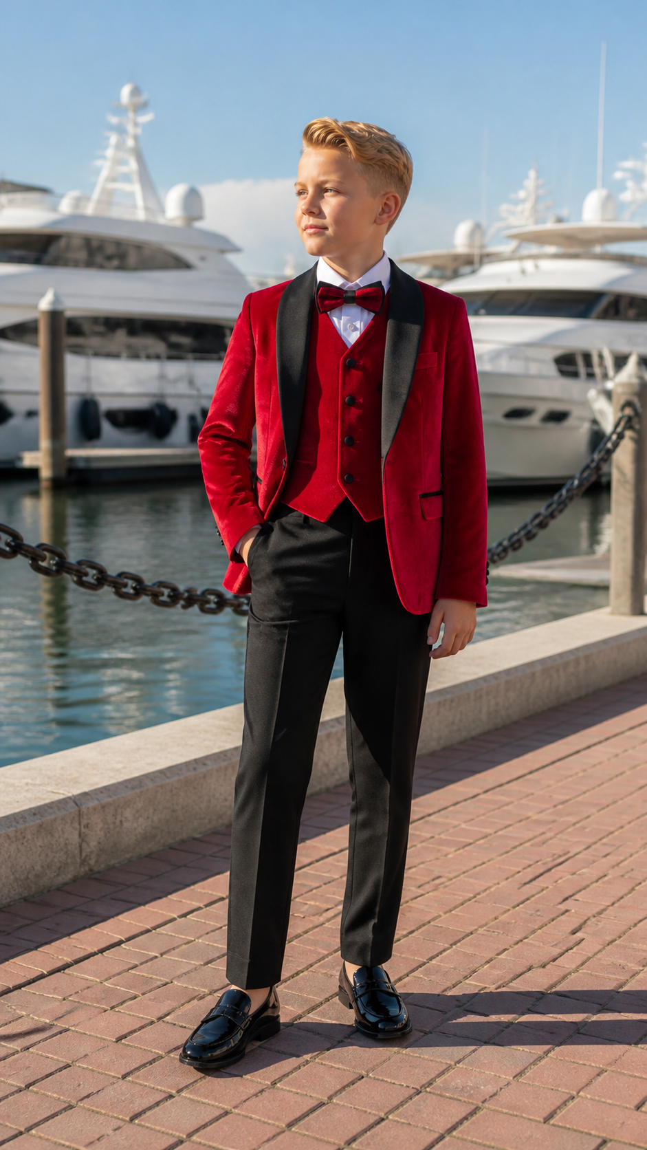 Boy's Red Velvet & Black Three-Piece Tuxedo