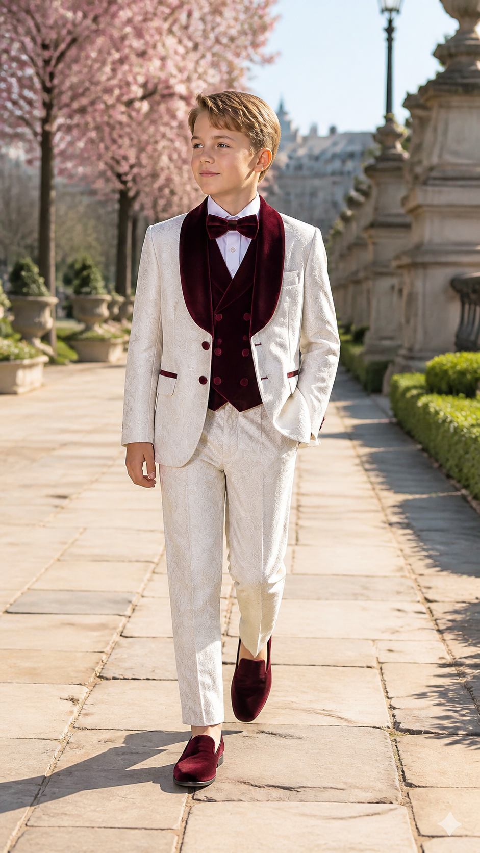 Boy's Ivory & Burgundy Jacquard Three-Piece Tuxedo
