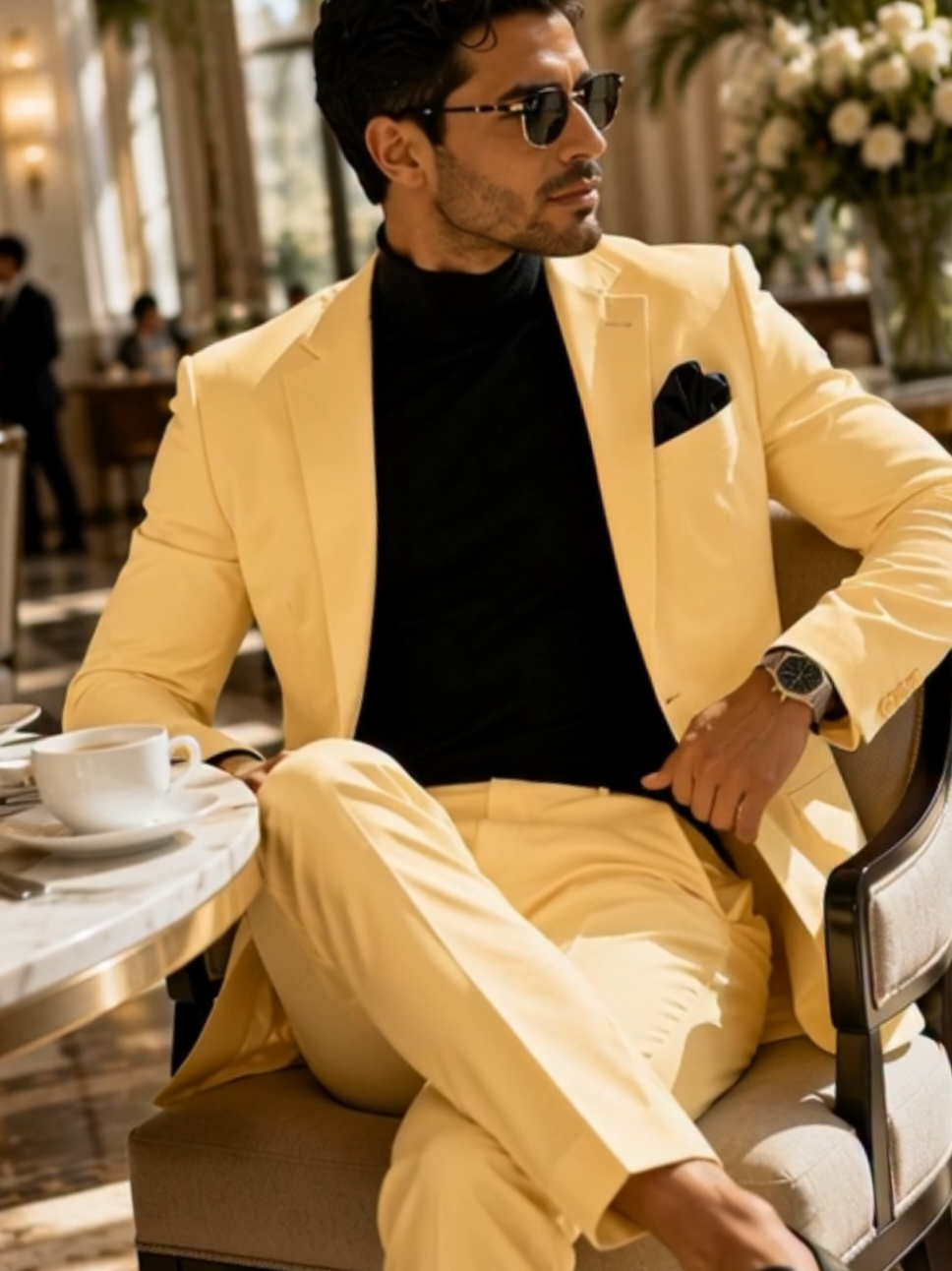 Golden yellow two-piece suit with black turtleneck and matching trousers
