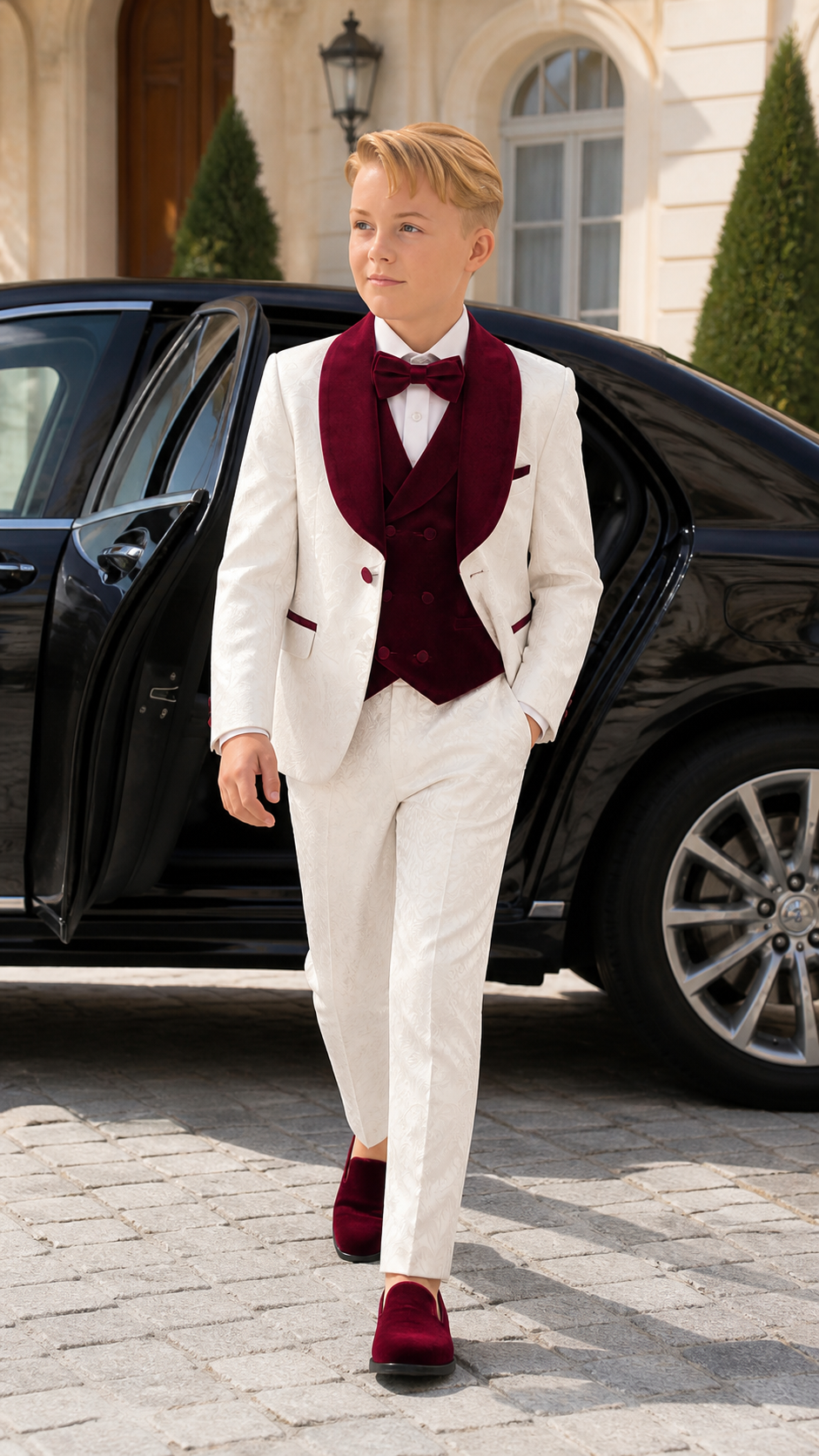 Boy's Ivory & Burgundy Jacquard Three-Piece Tuxedo
