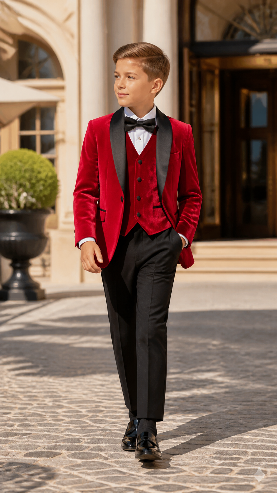 Boy's Red Velvet & Black Three-Piece Tuxedo