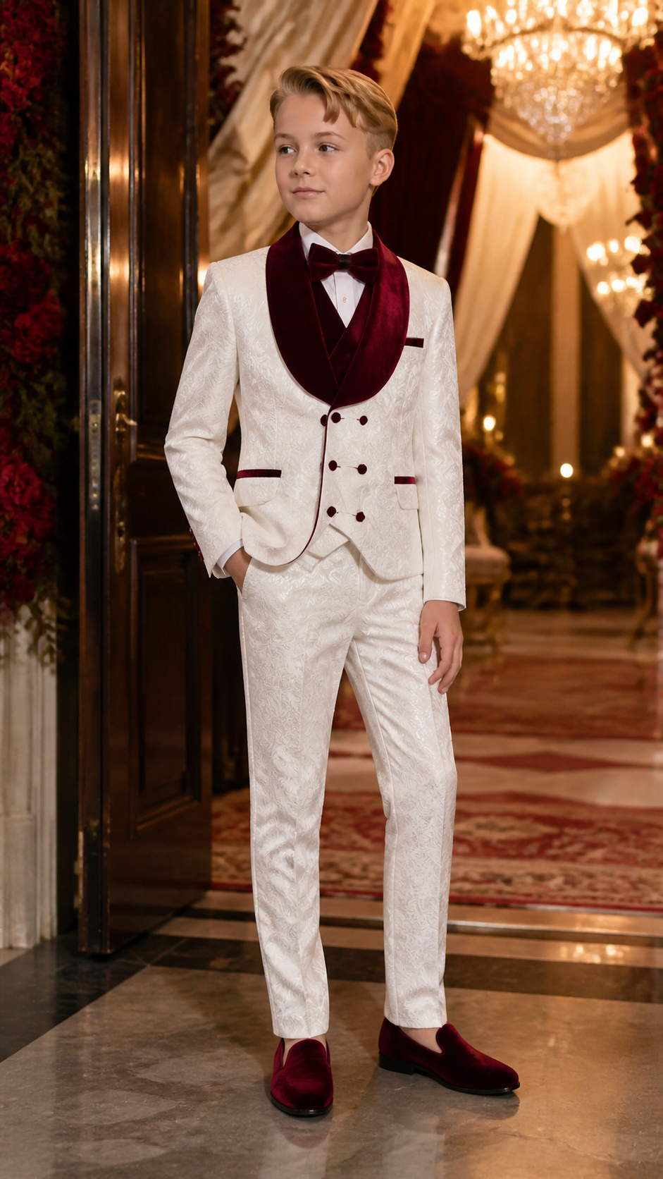 Boy's Ivory & Burgundy Jacquard Three-Piece Tuxedo