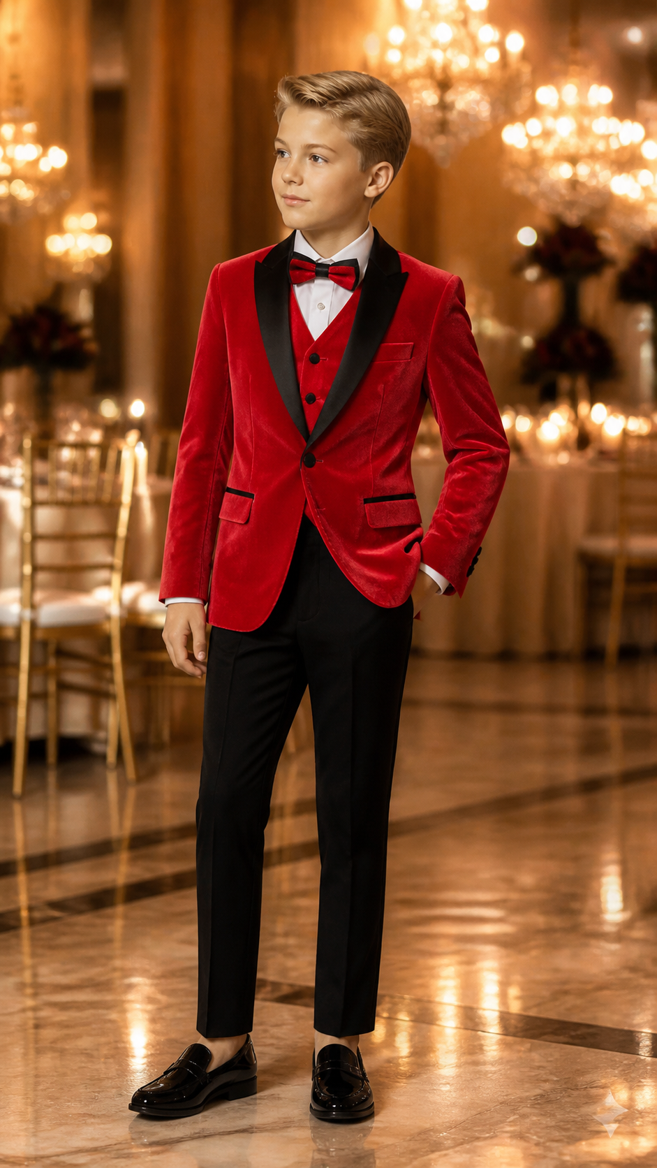 Boy's Red Velvet & Black Three-Piece Tuxedo