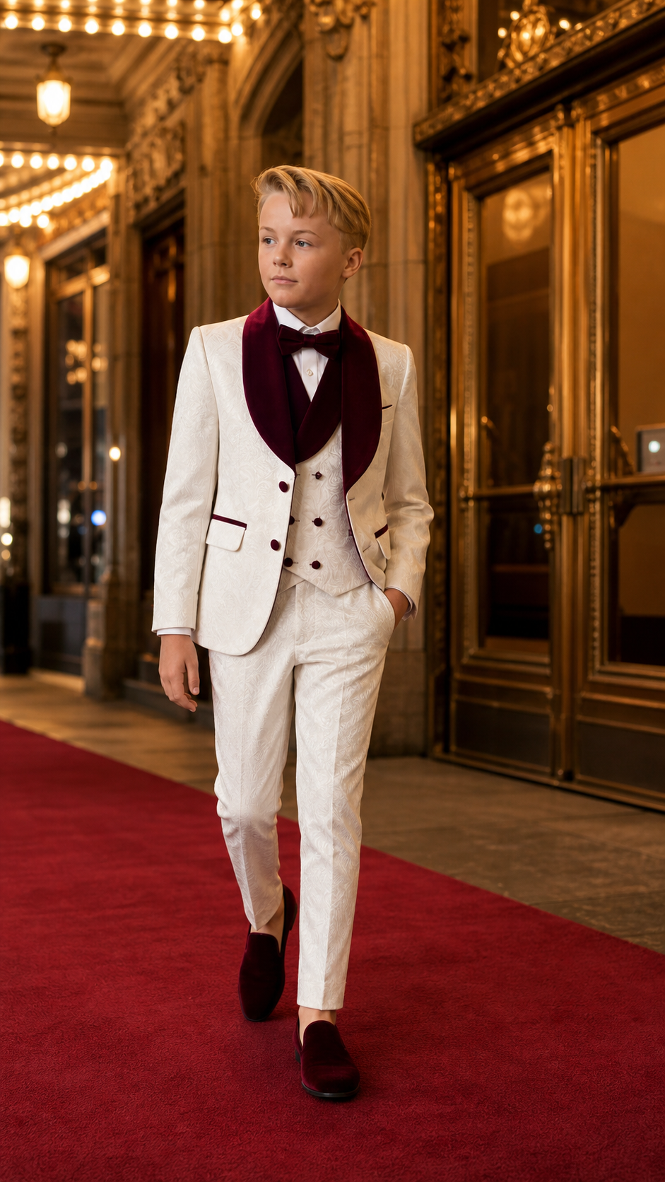 Boy's Ivory & Burgundy Jacquard Three-Piece Tuxedo