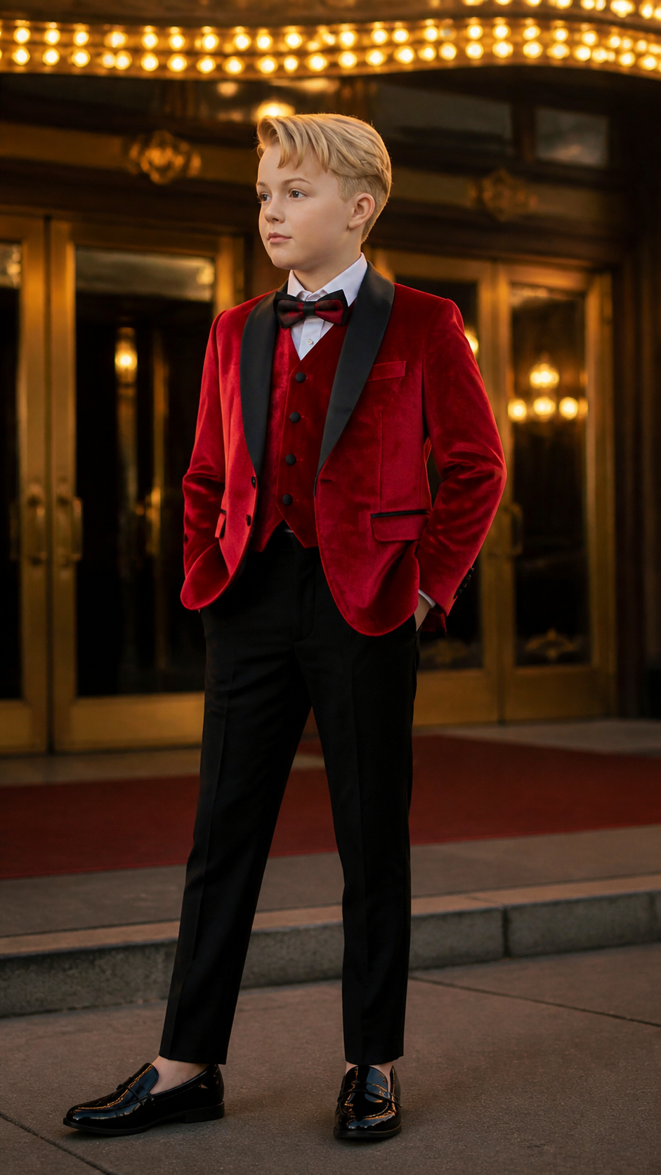 Boy's Red Velvet & Black Three-Piece Tuxedo